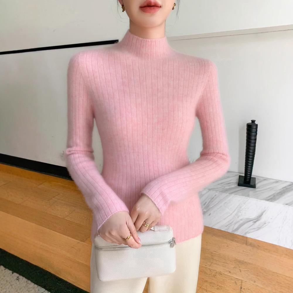 Premium Cashmere Rib-Knit Women's Slim-Fit Warm Sweater - Semi-High Neck, Thickened for Autumn & Winter.