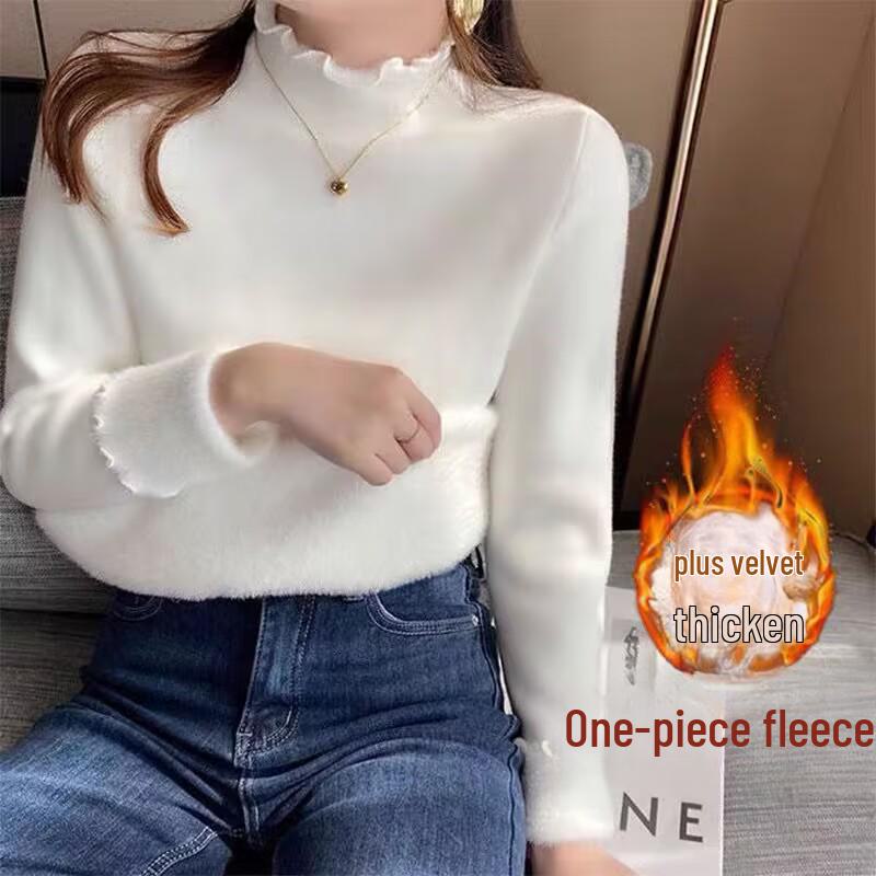 Damen Plüschfleece Unterhemd - Gemütlicher Herbst/Winter Halbhoher Kragen, Holzohr-Besatz