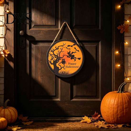 Autumn Festival Door Hanger Halloween Wall Pendant, with Pumpkin And Witch Silhouette, Wooden Durable Holiday Sign Round Hanging Sign, for Home Porch
