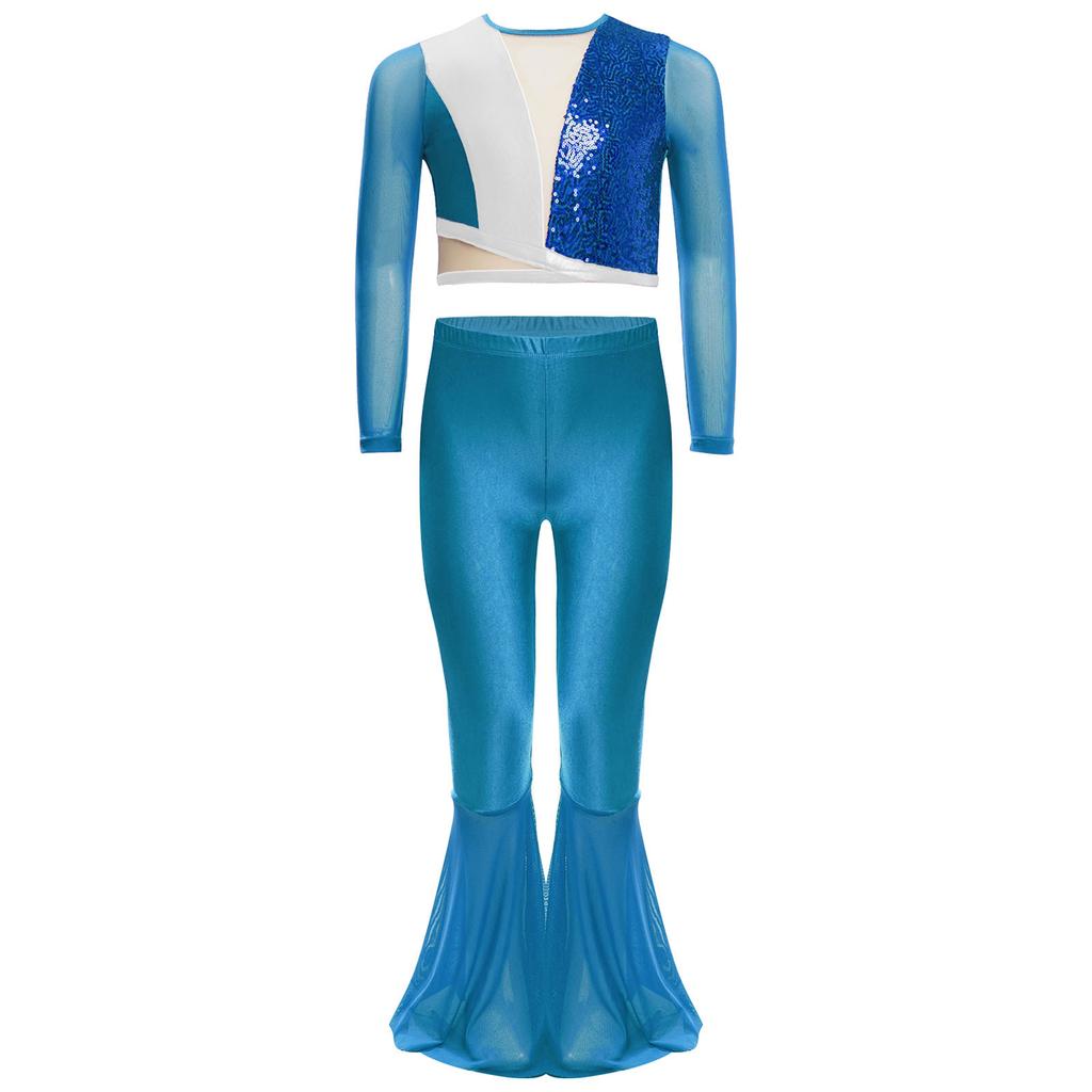 Girls Metallic Sequin Dance Set Long Sleeve Crop Top Paired with Sheer Mesh Bell Bottom Pants Performance Outfit