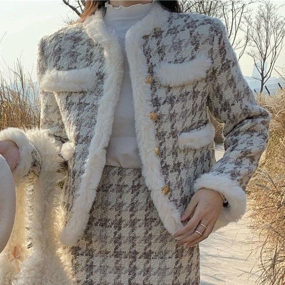 Женский шерстяной костюм-двойка: короткая куртка и юбка в  гусиную лапку  - Коллекция Осень-Зима 2025, Французский шик L 58-65kg