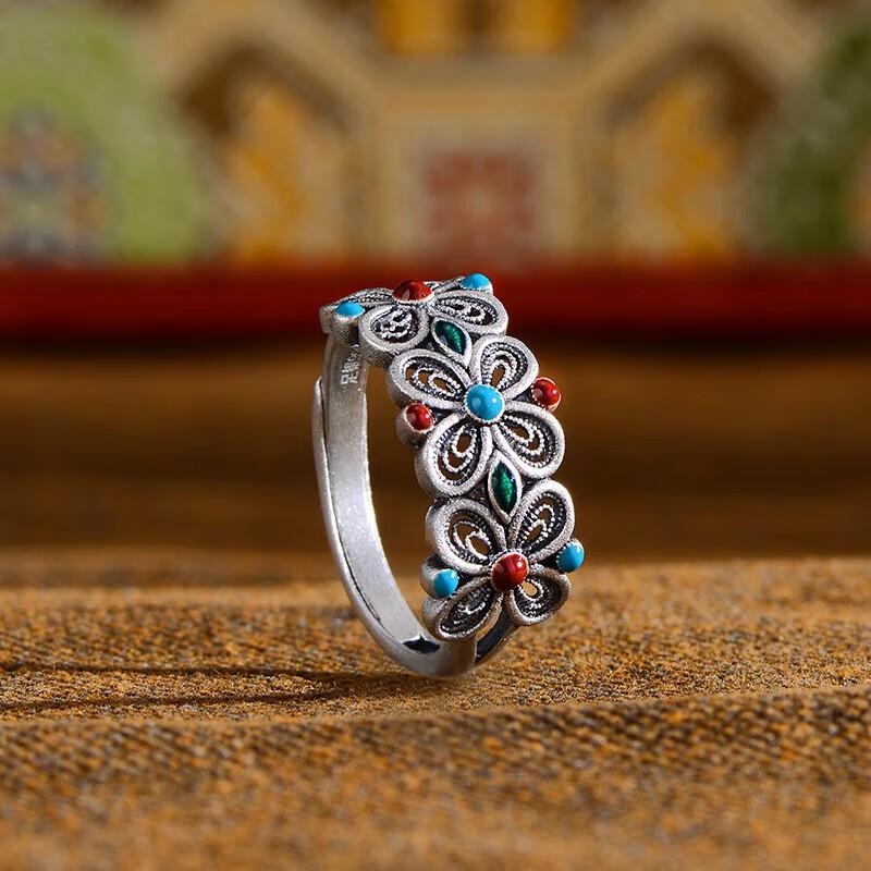 Adjustable Vintage Floral Filigree Enamel Ring Women Men Boho Lucky Clover Design Copper Alloy Band