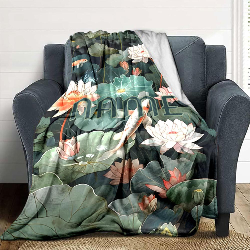 Lotus Flowers And Koi Fish In Pond Gift Customizable Blanket Customize Text Durable Comfort For Sofa Couch Office Bed Picnics Four Seasons