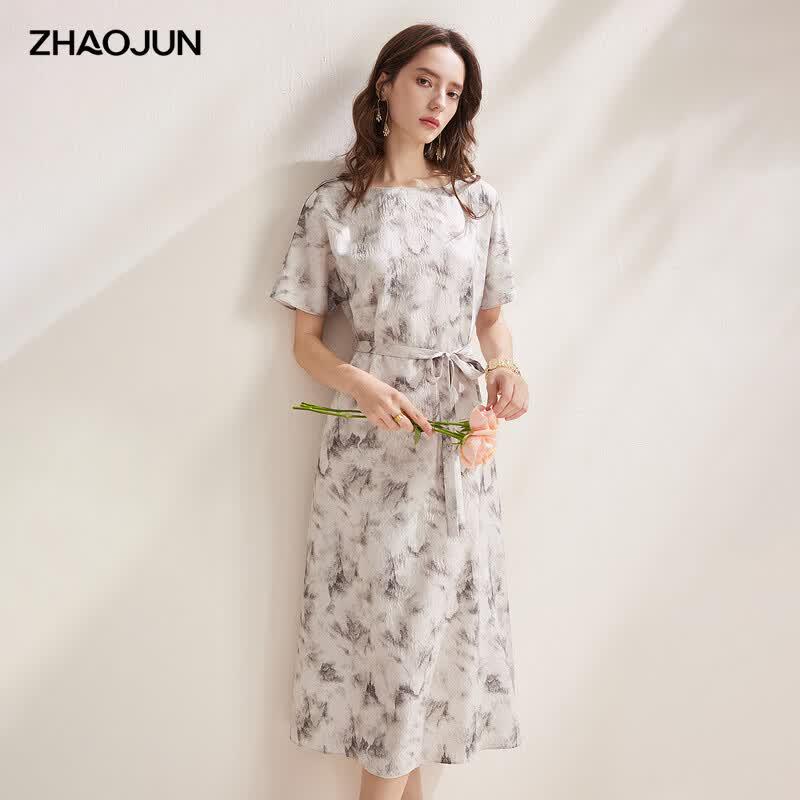 

Artistic Floral Print Mulberry Silk Short-Sleeve Midi Dress XL