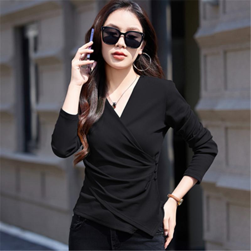 Autumn Women's Wrinkled V-Neck Long Sleeve T-Shirt