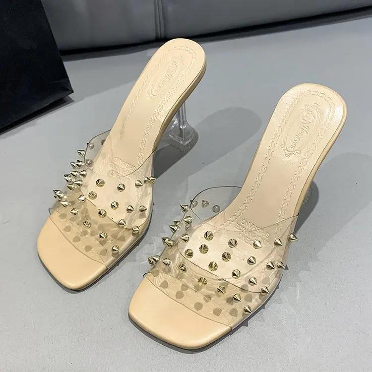 

Женская обувь Comemore, сексуальные квадратные босоножки на высоком каблуке, прозрачные босоножки с открытым носком, тапочки, лето 2024, большой размер 35 абрикосовый