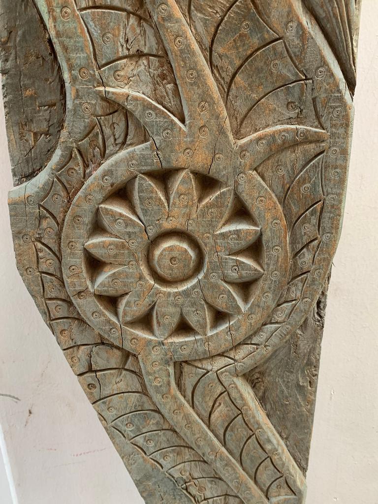 Distressed Antique Indian Wooden Wall Plaque: Carved Floral Panel