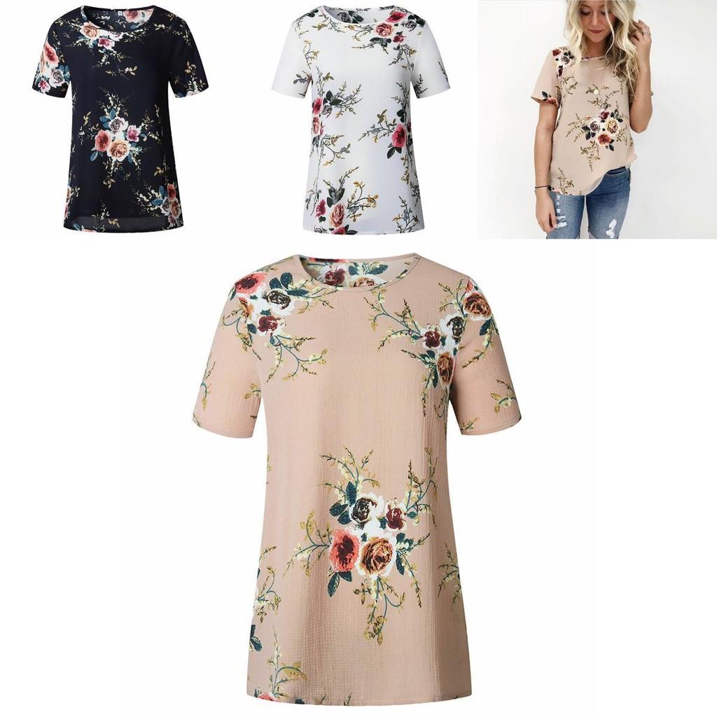 Elegant Summer Women Blouse Floral Print Short Sleeve Loose Casual T-shirt Tops