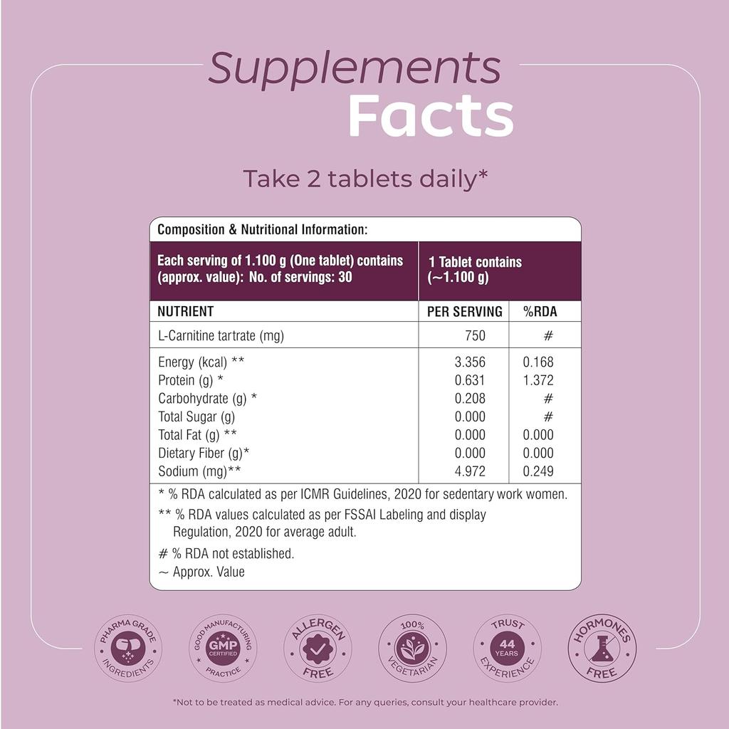 Emcure Arth Weight Management Supplement 1500 mg L-Carnitine Tartrate 30 Veg Tablets for Men and Women