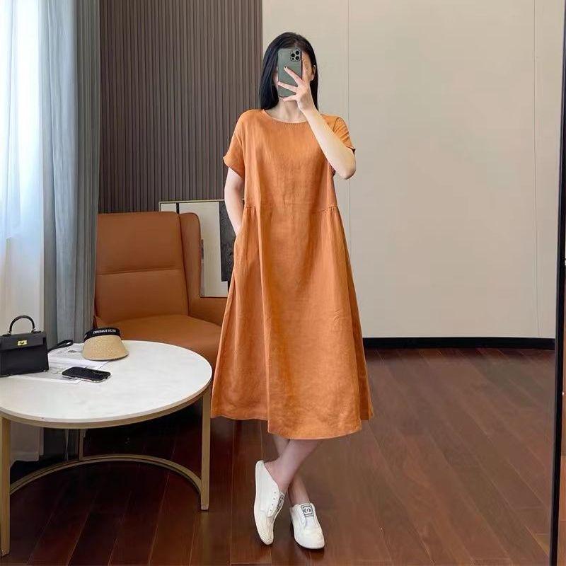 

Simple Literary Style Women s Cotton Summer Dress - Loose, Slimming, Plus Size, Casual Mid-Length Skirt 2XL for 130-140 kg помаранчевий
