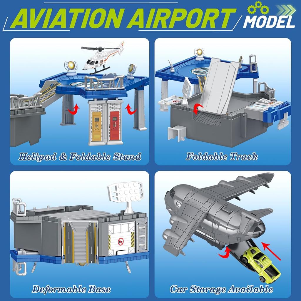 Children's Airport Scene Toy Set with Map, Control Tower, Parking Shed, Containers, Transport Aircraft, Passenger Planes, and Other Vehicles. Suitable