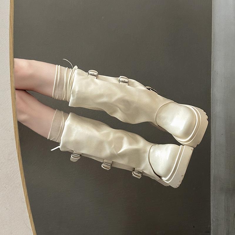 Belt buckle stacking boots women's trouser boots autumn and winter new fashionable versatile thick-soled leather boots heightened and thin knight