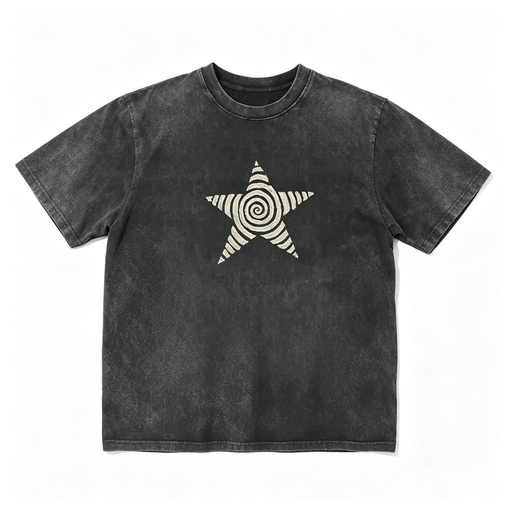 Spiral Star Graphic Tee Minimalist Retro Symbol Print Washed Black Unisex T-Shir