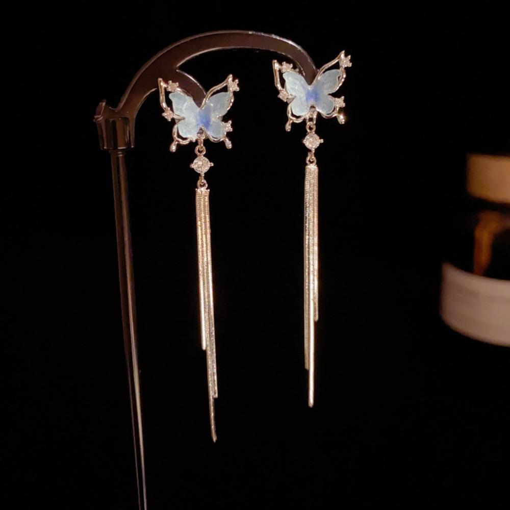 Dangle Butterfly Tassel Drop Earrings Shiny Zircon Stud Earrings Long Pendant Earrings  Daily Wear