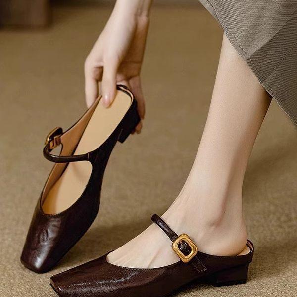 

Premium sense thin V-mouth retro gold buckle bag head Mary Jane half-drag sandals women s 2025 new spring and summer outer wear 40 коричневый