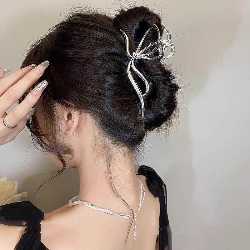Large Bowknot Women Hair Claw Clip for Thick Thin Hair Accessories Trendy Elegant Gold Silver Metal Streamer Crab Clamp Jewelry