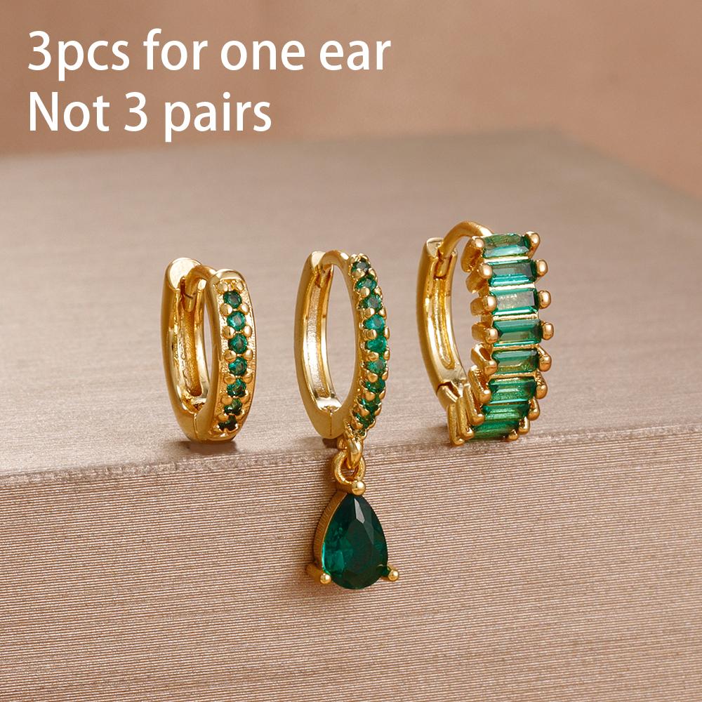 3PCS Exquisite Green CZ Zircon Water Drop Gold Color Earrings Set for Women Dainty Stackable Piercing Earring Luxury Jewelry