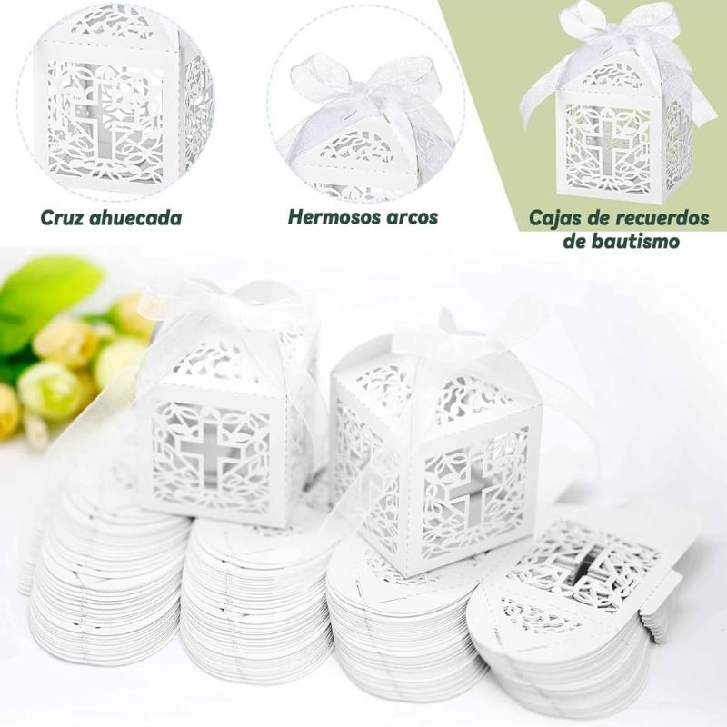 White Crosses Embellished Party Favors Boxes White Paper Treat Boxes with Hollow Crosses for Wedding and Christmas Gifts