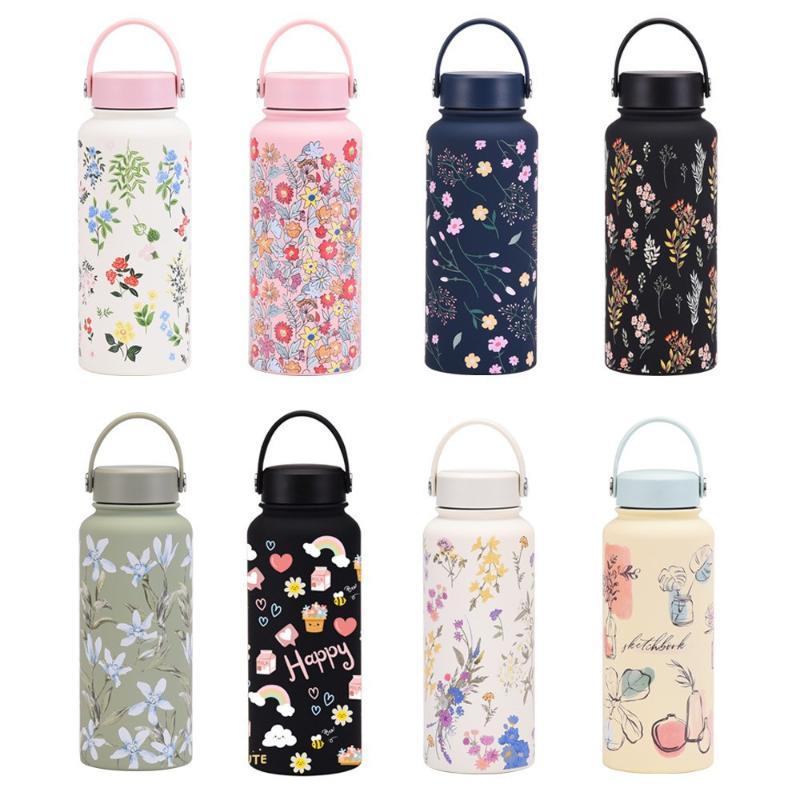 Insulated Water Bottle Floral Printed Stainless Steel Leak Proof Reusable for Office Women Girls Daily Drinking