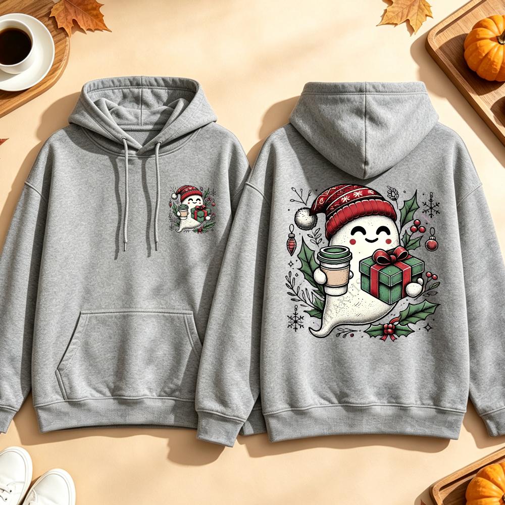 Cute Ghost Coffee Christmas Sweatshirt Santa Hat Gift Graphic Pullover Spooky Xmas Casual Loose Tops Men Hoodies Women