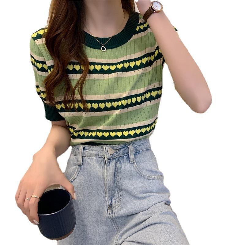 Heart Short-sleeved Knit Tops Women Summer Year Knit Shirt Short Burst T-shirt Tide Casual Summer Essential Comfort and Style Slim Fit Pullovers Tees