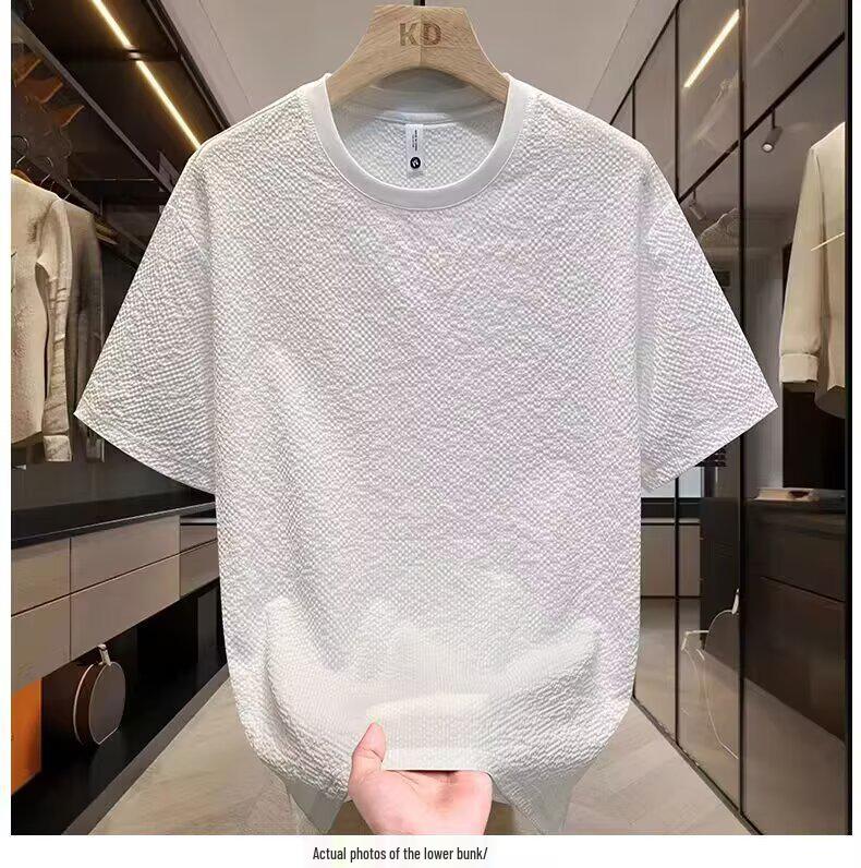 

Мужская летняя футболка из сирсакера с круглым вырезом и полурукавом в стиле кэжуал M белый