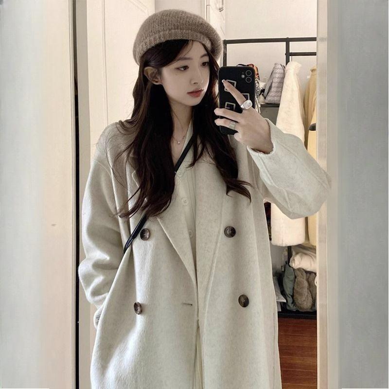 Women's Korean-Style Mid-Length Woolen Outer Wear Preppy Vibe Loose Coat