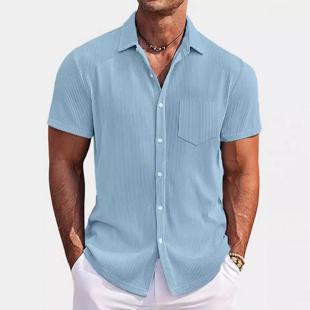 Summer Men Shirt Turn-down Collar Single-breasted Loose Plus Size Mid Length Solid Color Chest Pocket Short Sleeves Streetwear D