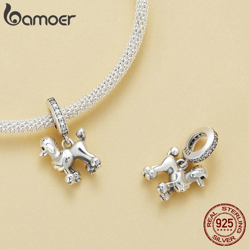BAMOER Gold Plated Pet Dog Charm Beads for Charm Bracelet, Genuine 925 Sterling Silver Border Collie Dachshund Schnauzer Pendant