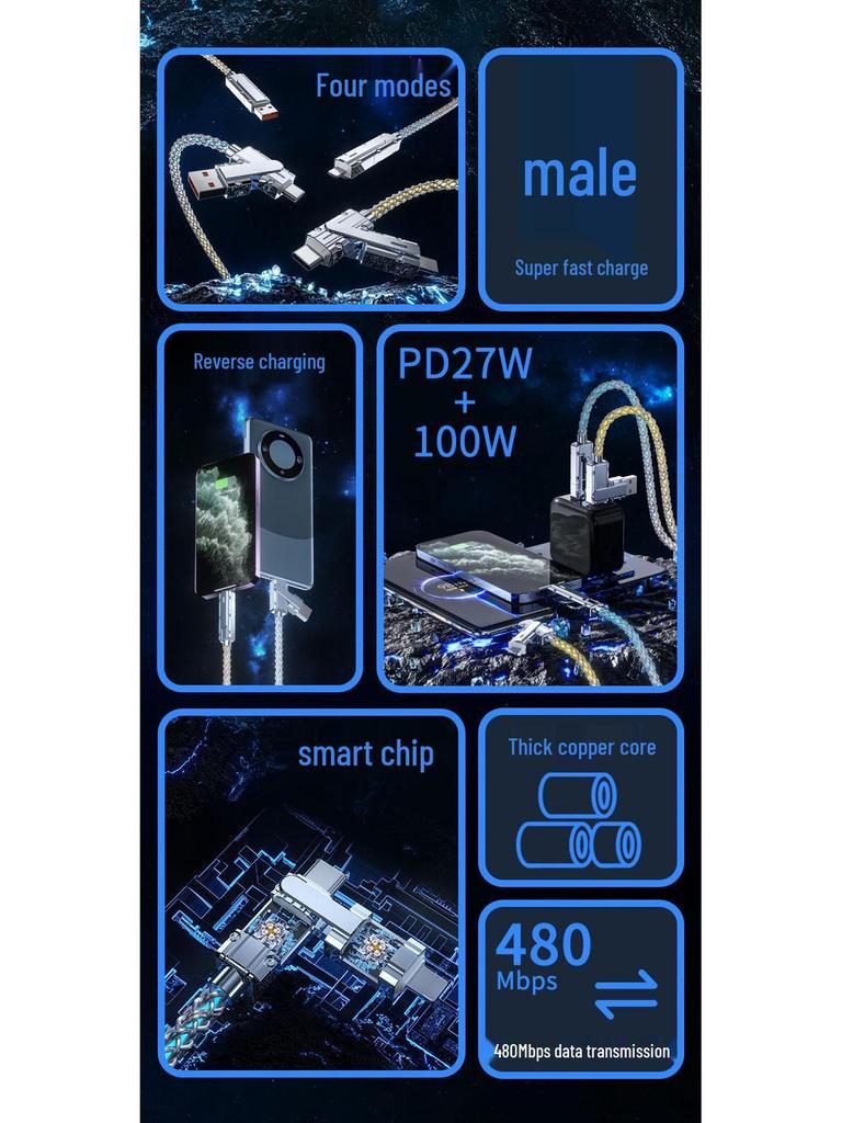 Multifunctional Luminous Zinc Alloy 2-in-2 Fast Charging Cable for Mobile Phones