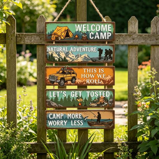 Outdoor Wall Decoration, Wood Sign with Hemp Rope Hanger, Retro 5-Panel Spliced Design, Adventure Camping Wood Wall Decor for Porch Campsite