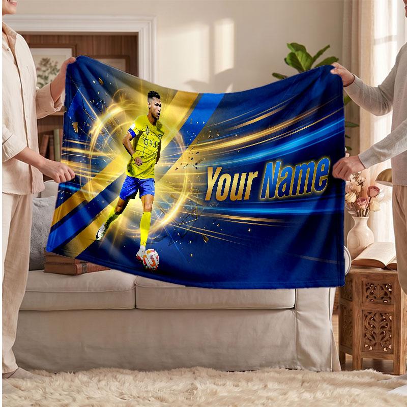 Couverture polaire personnalisée Cristiano Ronaldo avec logo de football, texte de nom personnalisé, couverture d'appoint douce et chaude pour la maison