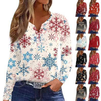 Women's Fashion Casual Christmas Printed V-Neck Long Sleeve Button Down T-Shirt Top