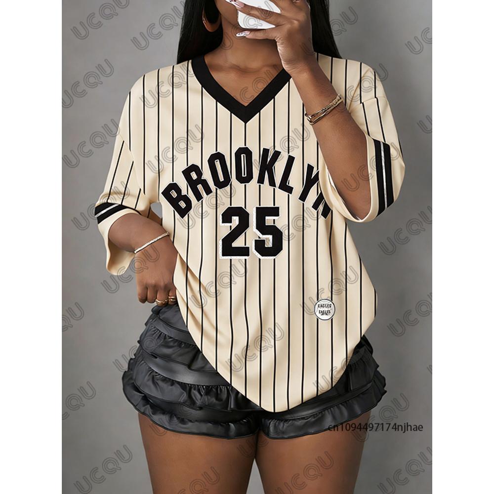 Oversized T Shirt For Women V-Neck Short Sleeve Summer Stripe Brooklyn No.25 Print Sports Tops Casual Football Jersey Y2k Tees