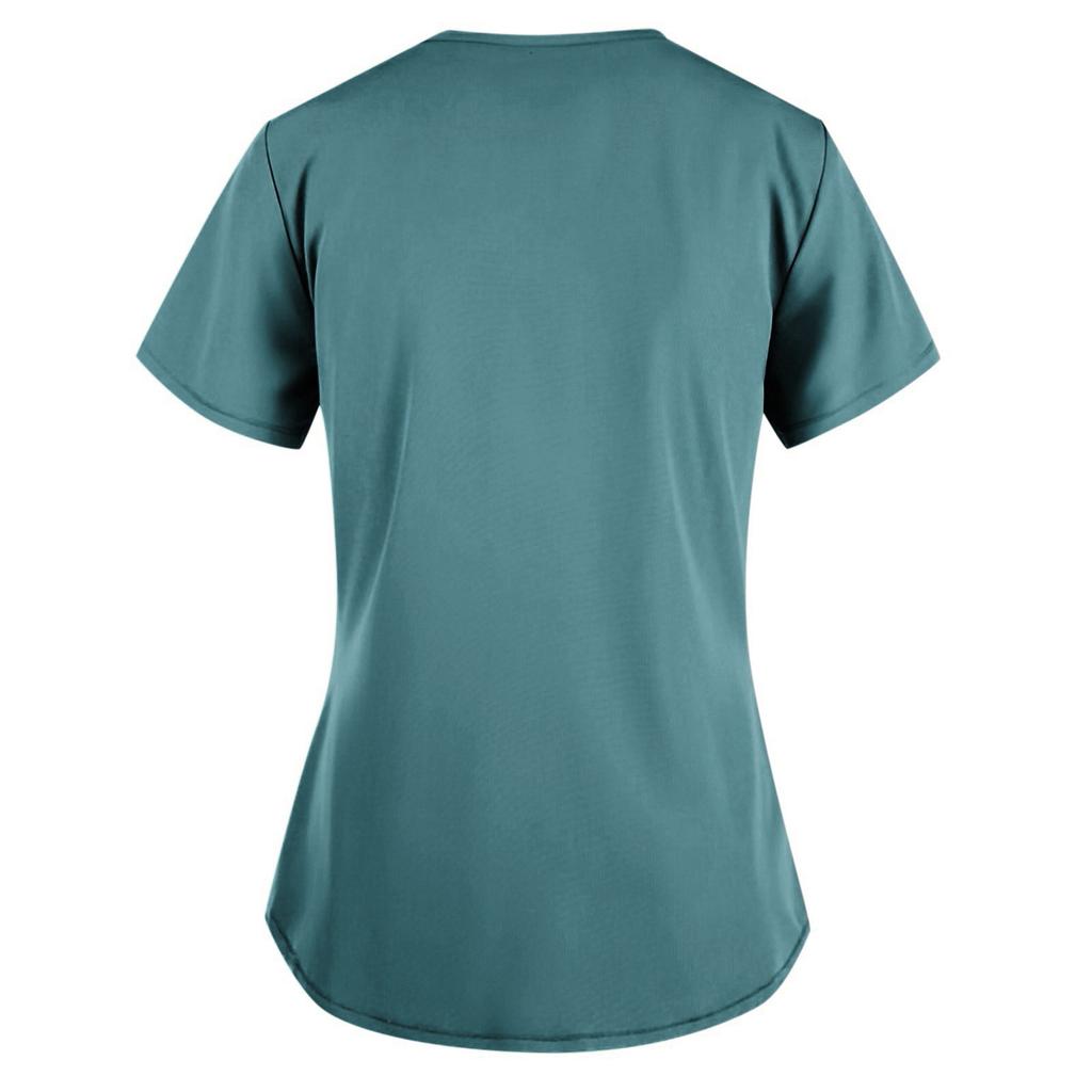 Women's Cute Print Short Sleeve V-neck Top Work  Solid Color Pocket Top