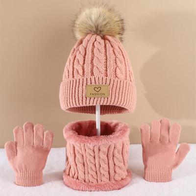 3pcs/set Children's Winter Warm Single Ball Pompoms Knit Hat Scarf Gloves For Boys And Girls Warm And Cold-proof Suit