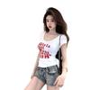 Women's Summer White Low-Neckline Letter Print T-Shirt - U-Neck, Short Sleeve, Slim-Fit.