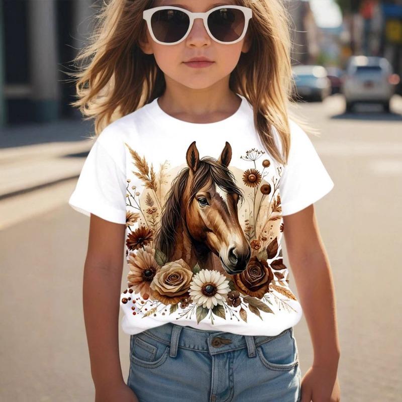 Tops Spring Autumn Printed Clothes Short Sleeve Round Neck Girls' Bottom Top T-Shirt