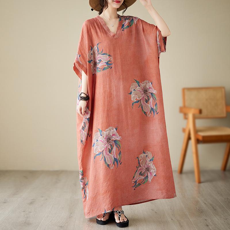 Real Shot Summer V-neck Thin Cotton and Linen Large Size Loose Literary Holiday Wind Beach Skirt Retro Long Robe