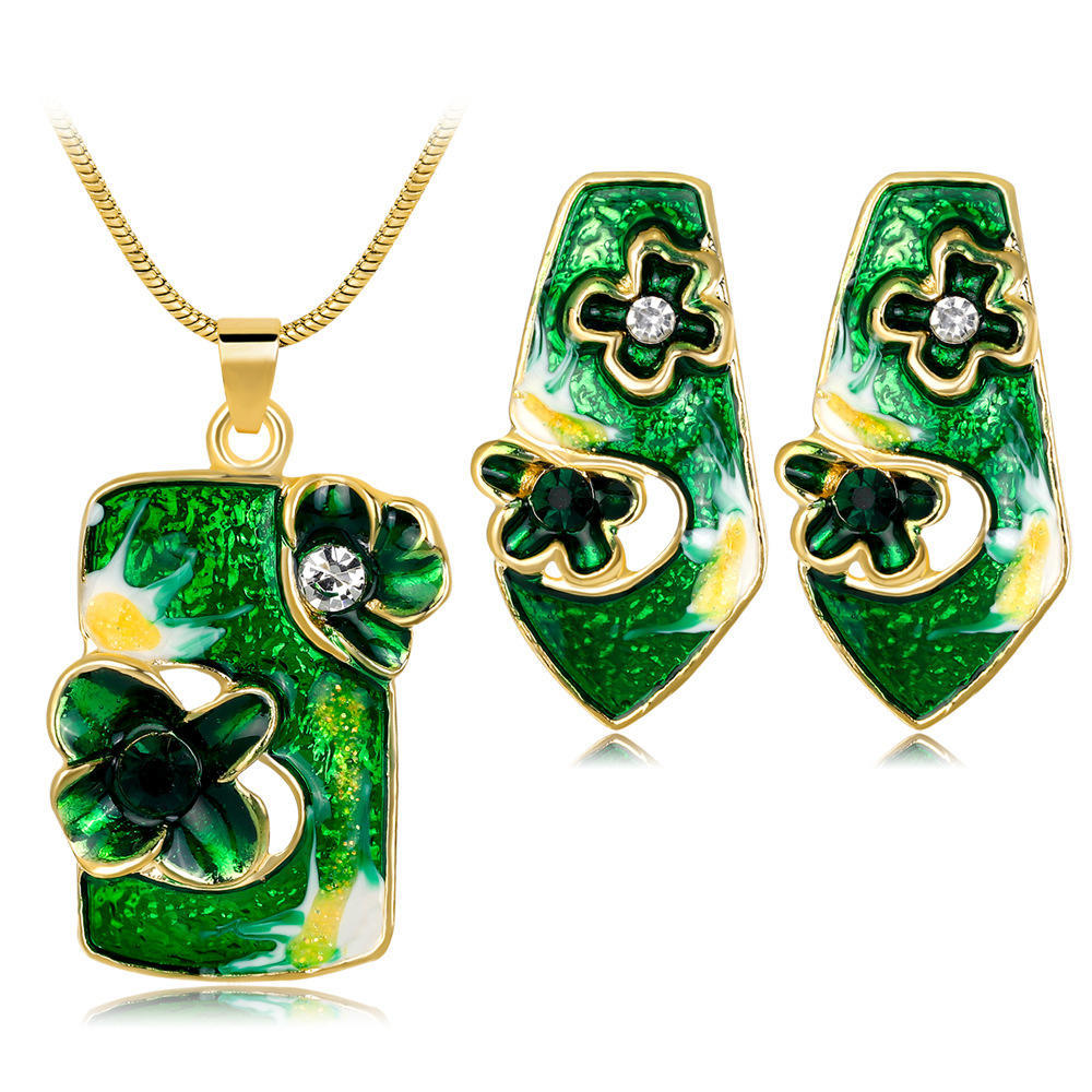 Gold Plated Crystal Geometry Jewelry Set Colored Oil Painting Pattern Pendant Necklace & Earrings