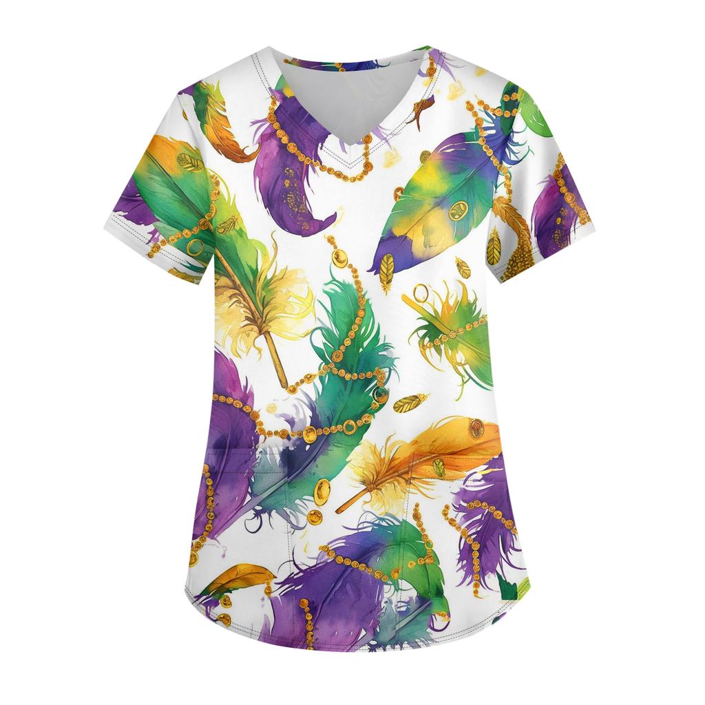 Damen Karneval Bedruckte Mode V-Ausschnitt Tasche Kurzarm Krankenpflege- und Arbeiter-Oberteil