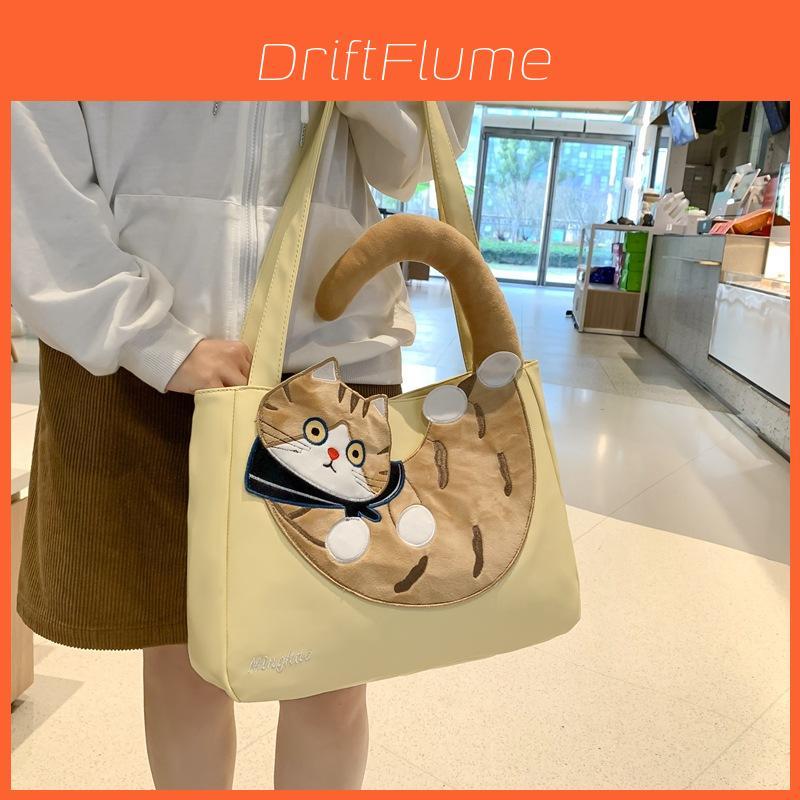 Canvas Cat Tote Bag With Contrast Color Design For Casual Girls Daily Use