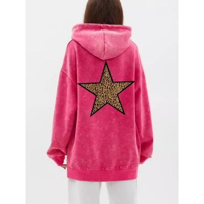 Vintage Damen Acid Wash Hoodies Leopard Pentagramm Druck Pullover Tasche Oversize Baumwoll-Sweatshirts Kleidung