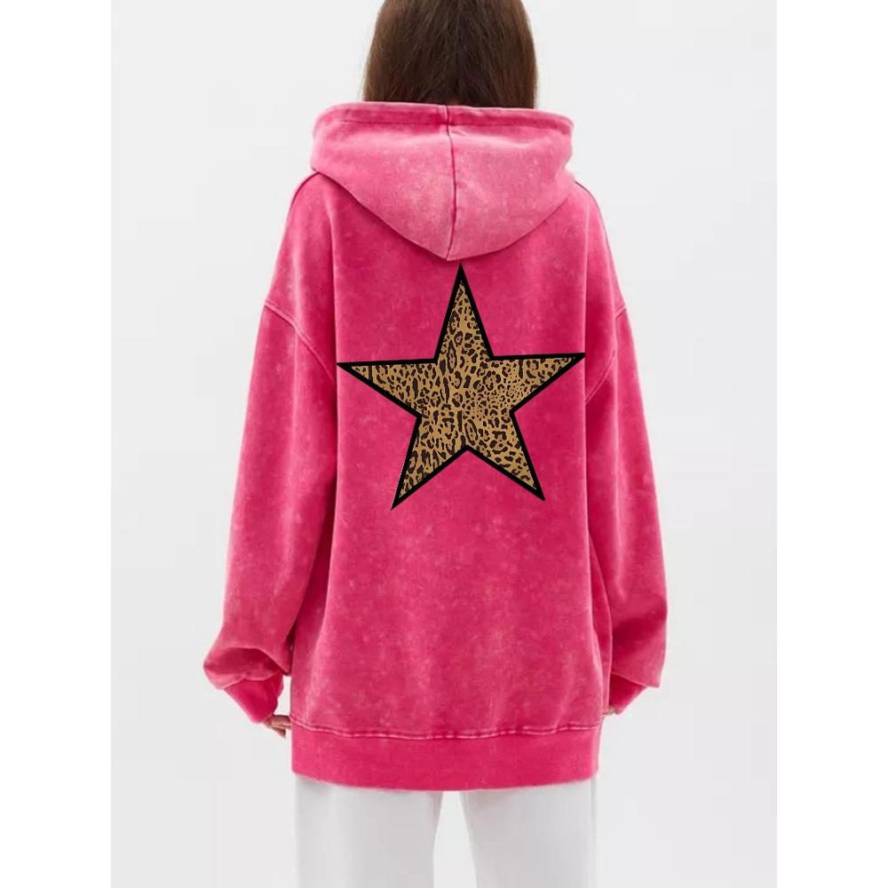 Vintage Womens Acid Wash Hoodies Leopard Pentagram Printing Pullovers Pocket Oversize Cotton Sweatshirts Clothes