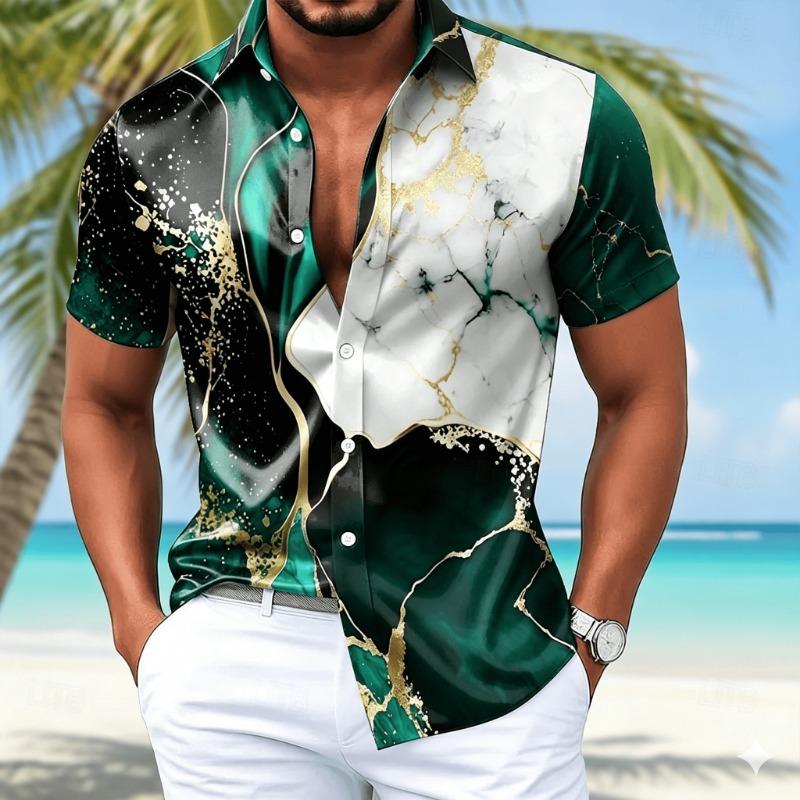 Men's Split Marble Print Short Sleeve Shirt, Casual Button Down with Abstract Fluid Pattern for Spring & Summer