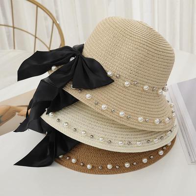 Straw Hat for Women In Spring and Summer Sun Protection for Children Bow Shaped Grass Hat Pearl Beach Hat