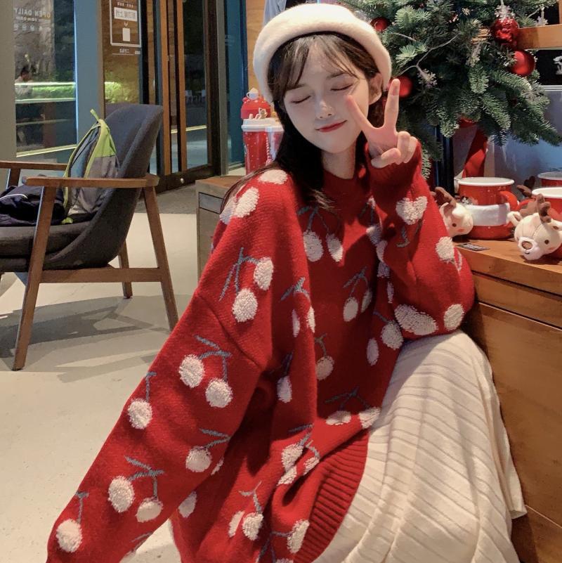 Autumn 2023 Girls' Sweet Red Cherry Sweater - Japanese Style, Loose Fit, Long Sleeve