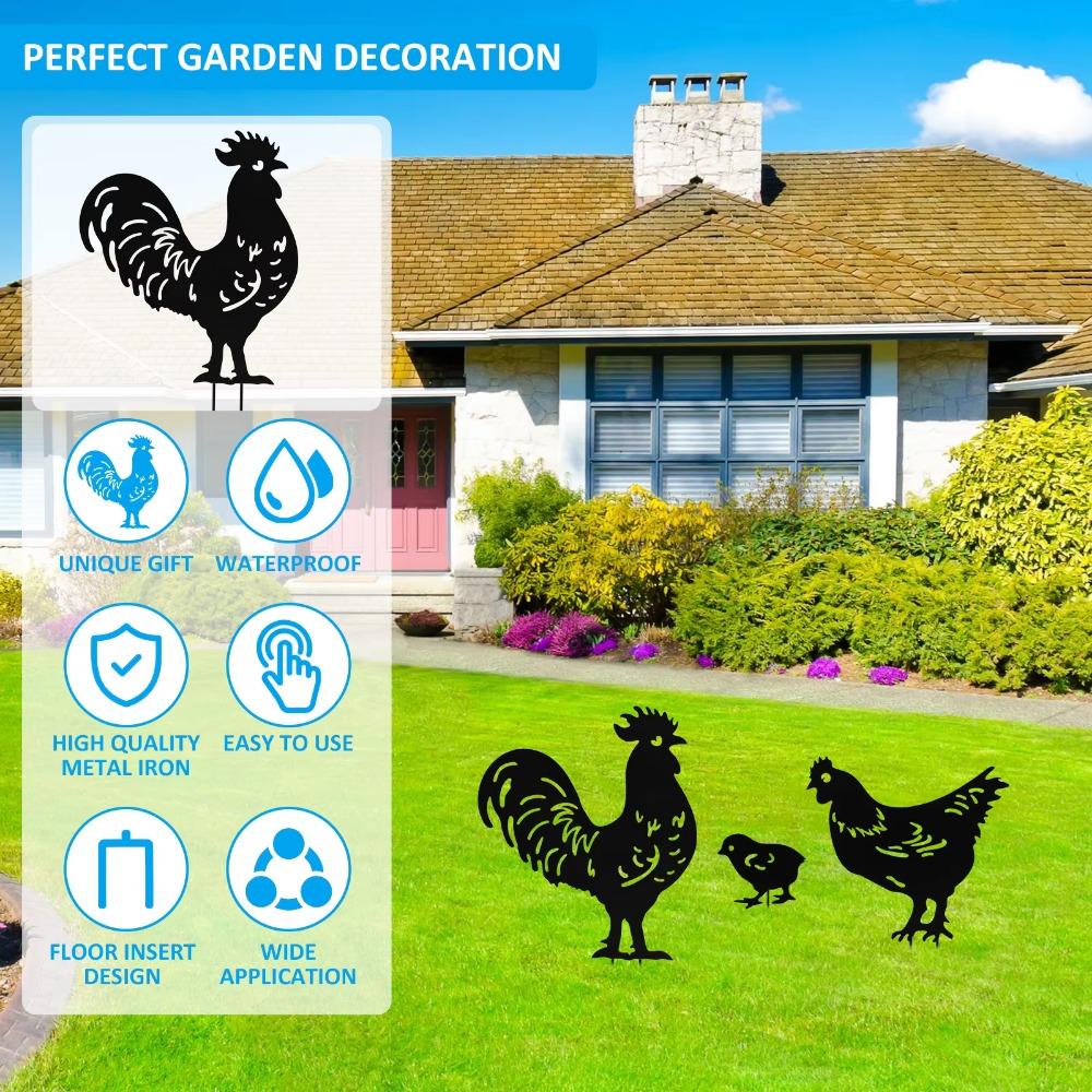 3Pcs Black Chicken Statue Handmade Metal Animal Ornaments Rooster Garden Sculpture  Micro Landscape