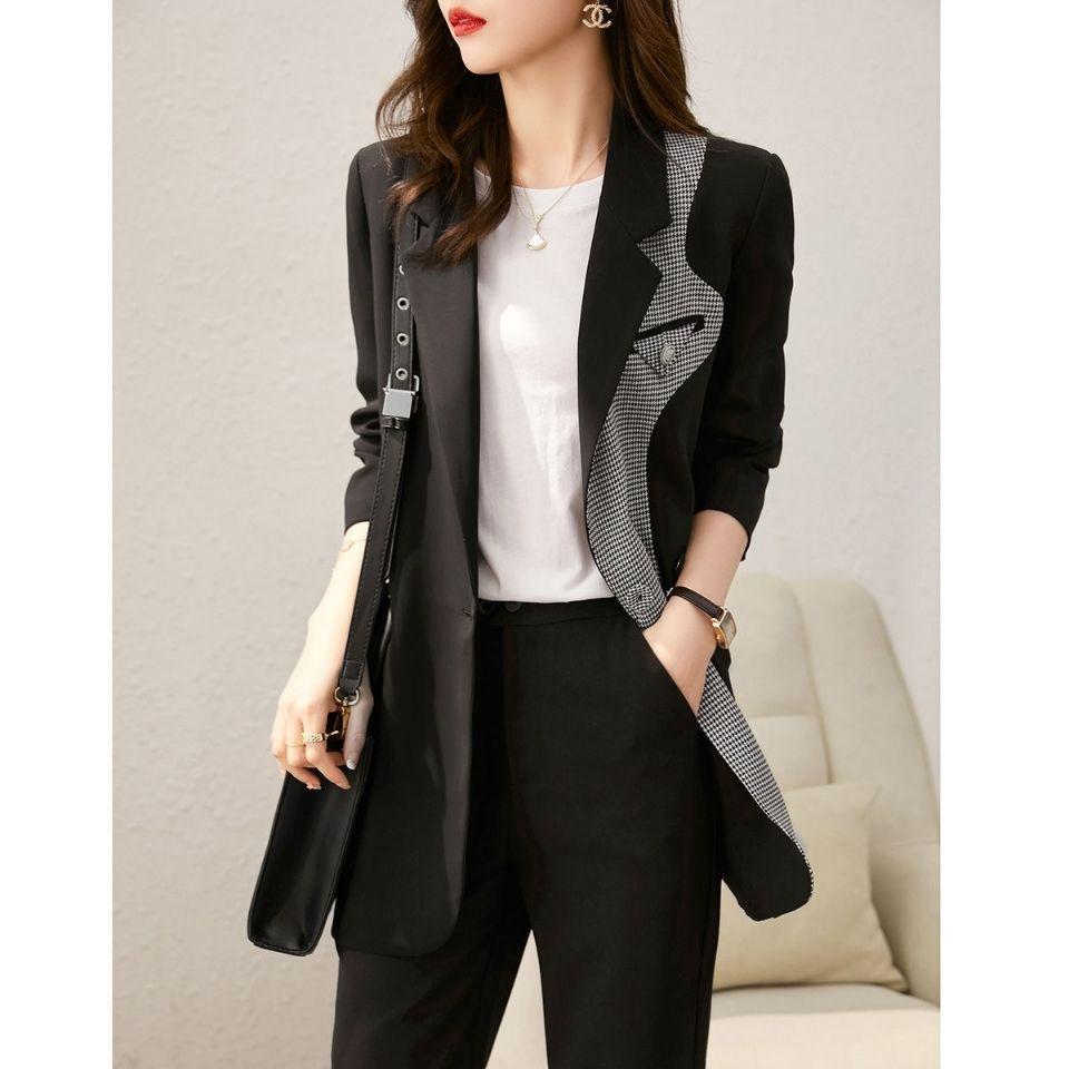 Autumn Contrast Leisure Blazers for Women Plaid Blazer Splicing Office Lady Notched Coats Plus Size 4xl