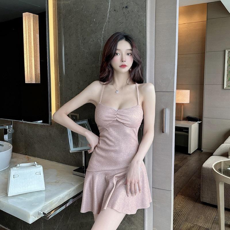 Spice girl sexy big halter shiny dress low cut dancing holiday suspender skirt night work clothes summer
